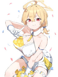Rule 34 | 1girl, ahoge, bare shoulders, bike shorts, bike shorts under skirt, black shorts, blonde hair, blue archive, breasts, cheerleader, cleavage, closed mouth, collar, collarbone, commentary request, confetti, detached collar, gloves, hair between eyes, halo, hand up, highres, holding, holding pom poms, kotori (blue archive), kotori (cheer squad) (blue archive), large breasts, light blush, looking at viewer, makkurourufu, millennium cheerleader outfit (blue archive), miniskirt, official alternate costume, pleated skirt, pom pom (cheerleading), pom poms, red eyes, short hair, short twintails, shorts, simple background, skirt, solo, sweat, thigh strap, triangle halo, twintails, v, white background, white collar, white gloves, white skirt, yellow halo