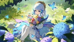Rule 34 | 1girl, ayaka (genshin impact), blue dress, blue eyes, blue hair, blunt bangs, blunt tresses, boots, bouquet, braid, bug, butterfly, butterfly hair ornament, closed mouth, commentary request, dress, flower, genshin impact, hair ornament, hat, highres, holding, holding bouquet, insect, kamisato ayaka, kamisato ayaka (springbloom missive), letter, long sleeves, looking at viewer, official alternate costume, official alternate hairstyle, outdoors, pantyhose, purple flower, red flower, sidelocks, sitting, smile, solo, white flower, white pantyhose, yellow flower, yu e baba