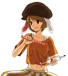 Rule 34 | 1girl, anal beads, animal ears, bad id, bad twitter id, blonde hair, rabbit ears, floppy ears, hat, midriff, navel, open mouth, orange shirt, red eyes, ringo (touhou), sex toy, shirt, short hair, short sleeves, shorts, simple background, smile, solo, striped, syringe, touhou, upper body, urin, vibrator, white background