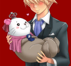 Rule 34 | 1boy, ao usagi, ascot, blonde hair, blush, box, carrying, formal, hat, heart, jewelry, original, otter, princess carry, pun, red background, ring, simple background, suit, what