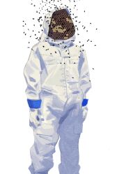 Rule 34 | 1other, ambiguous gender, bee, beehive, beekeeping suit, bug, commentary, english commentary, gloves, highres, huo jian, insect, object head, original, simple background, solo, standing, white background, white gloves