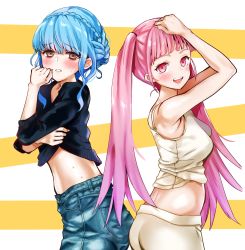 Rule 34 | 2girls, absurdres, alternate costume, aqua hair, arms up, blunt bangs, blush, braid, breasts, brown eyes, clothes lift, contemporary, cowboy shot, crown braid, denim, embarrassed, female focus, fire emblem, fire emblem: three houses, highres, hilda valentine goneril, jeans, long hair, looking at viewer, marianne von edmund, matching hair/eyes, medium breasts, midriff, multiple girls, nintendo, open mouth, orange background, oroshipon zu, pants, pink eyes, pink hair, short hair, simple background, sleeveless, sweat, sweater, sweater lift, twintails, two-tone background, white background