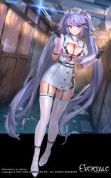 Rule 34 | 1girl, black bra, black gloves, bra, breasts, character request, cleavage, cleavage cutout, clothing cutout, cuboon, evertale, garter straps, gloves, hair ornament, hat, high heels, highres, holding, holding scissors, indoors, large breasts, long hair, looking at viewer, nurse, nurse cap, purple eyes, purple hair, scissors, solo, standing, thighhighs, twintails, underwear, white footwear, white thighhighs