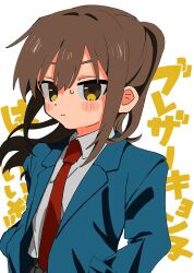 1girl adapted_costume alternate_costume blazer blue_jacket blush_stickers brown_eyes brown_hair closed_mouth collared_shirt commentary_request genderswap genderswap_(mtf) hair_between_eyes highres huk_huk_02 jacket kita_high_school_uniform kyonko long_hair long_sleeves necktie open_clothes open_jacket ponytail red_necktie school_uniform shirt simple_background solo suzumiya_haruhi_no_yuuutsu white_background white_shirt winter_uniform