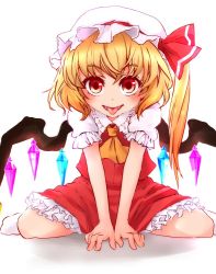 Rule 34 | 1girl, ascot, blonde hair, blush, crystal, fangs, flandre scarlet, frilled skirt, frills, hat, izumikuma, long hair, looking at viewer, mob cap, open mouth, red eyes, red skirt, shirt, short sleeves, side ponytail, simple background, sitting, skirt, skirt set, socks, solo, tongue, tongue out, touhou, white background, white hat, white socks, wings, yellow ascot
