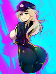 Rule 34 | 1girl, absurdres, ass, black bodysuit, blonde hair, bodysuit, boku no hero academia, breasts, breasts out, brown eyes, curvy, grabbing, grabbing another&#039;s breast, grabbing own breast, hat, highres, huge ass, long hair, looking at viewer, looking back, parted lips, postblue98, smile, solo, utsushimi kemii, wide hips, wrist cuffs