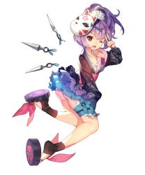 Rule 34 | 1girl, adcd, ankle socks, black socks, bra, bracer, clog sandals, collarbone, fangs, feet up, flat chest, floral print, flower, flower bra, fox mask, frilled skirt, frills, full body, hair flower, hair ornament, highres, japanese clothes, jewelry, jumping, korean clothes, kunai, long sleeves, looking at viewer, mask, off shoulder, okobo, one eye closed, open mouth, original, ponytail, puffy long sleeves, puffy sleeves, purple eyes, purple hair, sandals, skirt, socks, solo, thigh strap, toeless legwear, transparent background, underwear, v, weapon