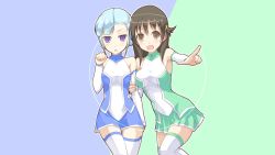 Rule 34 | 10s, 2girls, arm grab, armpits, artist request, bare shoulders, blue hair, blush, bodysuit, breasts, brown eyes, brown hair, detached sleeves, female focus, fin e ld si laffinty, fingernails, flower, hair flower, hair ornament, highres, kyouno madoka, long hair, looking at viewer, maru (lagrange), multiple girls, open mouth, paw pose, purple eyes, rinne no lagrange, short hair, simple background, skirt, smile, standing, thigh gap, thighhighs, two-tone background, wallpaper, white legwear, zettai ryouiki