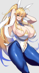 Rule 34 | 1girl, absurdres, ahoge, animal ears, armpits, arms behind head, arms up, artoria pendragon (all), artoria pendragon (fate), artoria pendragon (swimsuit ruler) (fate), blonde hair, blue pantyhose, breasts, cleavage, clothing cutout, curvy, detached collar, eyebrows hidden by hair, fake animal ears, fate/grand order, fate (series), green eyes, hair between eyes, highleg, highleg leotard, highres, huge breasts, imuzi, leotard, long hair, navel, navel cutout, pantyhose, ponytail, simple background, solo, thick thighs, thighs, tiara, white leotard, wide hips, wrist cuffs