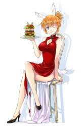 Rule 34 | 1girl, agahari, animal ears, blue eyes, blush, breasts, burger, chair, charlotte e. yeager, china dress, chinese clothes, cleavage, cleavage cutout, clothing cutout, crossed legs, dress, food, grin, hair up, high heels, large breasts, one eye closed, orange hair, rabbit ears, rabbit girl, rabbit tail, shoes, sitting, smile, solo, strike witches, tail, tray, wink, world witches series