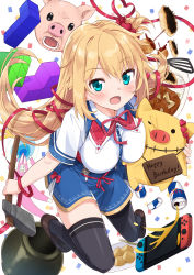 Rule 34 | 1girl, :d, absurdres, akai haato, akai haato (1st costume), aqua eyes, bad id, bad pixiv id, blonde hair, blue skirt, blush, breasts, brown footwear, can, cauldron, collared shirt, commentary request, curry, curry rice, energy drink, food, full body, getting over it, grey thighhighs, haaton (akai haato), hair between eyes, hair ornament, hair ribbon, hammer, happy birthday, heart, heart hair ornament, highres, holding, hololive, loafers, long hair, looking at viewer, medium breasts, mousou (mousou temporary), neck ribbon, nintendo switch, one side up, open mouth, pig, plate, red bull, red ribbon, ribbon, rice, shirt, shoes, short sleeves, sign, sign around neck, skirt, sledgehammer, smile, striped ribbon, super bunny man, takoyaki, tetris, thighhighs, very long hair, virtual youtuber, white shirt