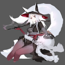 Rule 34 | 1girl, :o, absurdres, animal ears, animal hat, breasts, cat hat, claws, cropped legs, dyarikku (vtuber), elbow rest, facial mark, feet out of frame, fingernails, gradient skin, grey background, hat, highres, holding, holding smoking pipe, knees, long fingernails, long hair, looking at viewer, medium breasts, pantyhose, red eyes, shisantian, sidelocks, simple background, sitting, sketch, smoking pipe, solo, tail, thighs, virtual youtuber, vyugen, white hair