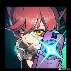 Rule 34 | 1girl, absurdres, black border, border, chinese commentary, fang, firing, hair between eyes, high collar, highres, muzzle flash, open mouth, original, portrait, red hair, red lips, solo, sparkle, teeth, upper teeth only, weibo logo, weibo watermark, yaoye yaoye, yellow eyes