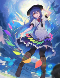 Rule 34 | 1girl, :d, arm up, bird, black headwear, black thighhighs, blouse, blue hair, blue skirt, blue sky, boots, bow, bowtie, breasts, brown footwear, center frills, cloud, commentary request, falken (yutozin), food, frills, fruit, hair between eyes, hand on headwear, highres, hinanawi tenshi, keystone, knee boots, leaf, long hair, looking at viewer, medium breasts, open mouth, outdoors, peach, puffy short sleeves, puffy sleeves, red bow, red bowtie, red eyes, rope, shide, shimenawa, shirt, short sleeves, skirt, sky, smile, solo, thighhighs, touhou, very long hair, white shirt