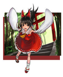 Rule 34 | 1girl, bad id, bad pixiv id, blonde hair, bow, brown eyes, clog sandals, detached sleeves, female focus, full body, hair bow, hakurei reimu, japanese clothes, miko, nature, okobo, outdoors, plant, prototype-d, sandals, short hair, solo, torii, touhou