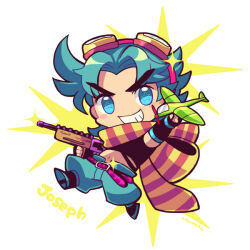 Rule 34 | 1boy, arm up, black shirt, blue eyes, blue hair, blue pants, blush stickers, chibi, chibi only, full body, goggles, goggles on head, grin, gun, holding, holding gun, holding toy, holding weapon, jojo no kimyou na bouken, joseph joestar, joseph joestar (young), kotorai, male focus, midriff, navel, no nose, pants, scarf, shirt, smile, solo, sparkle, striped clothes, striped scarf, submachine gun, toy, toy airplane, v-shaped eyebrows, weapon