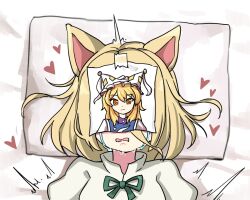 Rule 34 | 1girl, ^^^, animal ears, bed, bed sheet, blonde hair, clothed sex, covered face, crying, facing viewer, fox ears, fox girl, fyxq, green ribbon, heart, highres, implied sex, kudamaki tsukasa, lying, neck ribbon, on back, on bed, open mouth, paper, photo (object), photo on face, pillow, portrait, ribbon, sad, short hair, solo, streaming tears, tape, tears, touhou, yakumo ran, yellow eyes