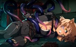 Rule 34 | 1girl, animal ears, belt, blonde hair, breasts, cat ears, cleavage, clenched teeth, commentary, english commentary, facial hair, facial mark, large breasts, mimic, optionaltypo, original, restrained, short hair, solo, teeth, tentacles, torn clothes, treasure chest, yellow eyes
