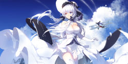 Rule 34 | 1girl, aircraft, airplane, artist name, azur lane, bare shoulders, blue eyes, blue sky, breasts, closed mouth, cloud, cloudy sky, contrail, day, dress, floating hair, garter straps, gloves, highres, illustrious (azur lane), large breasts, long dress, long hair, looking to the side, low twintails, outdoors, sky, solo, swd3e2, thighhighs, thighs, twintails, white gloves, white hair, white thighhighs