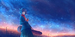 Rule 34 | 1girl, black eyes, black hair, black skirt, blue jacket, buttons, cellphone, commentary request, gloves, gradient sky, grass, guitar case, headphones, highres, holding, holding phone, instrument case, jacket, lamppost, long sleeves, night, night sky, orange gloves, original, outdoors, phone, plaid, plaid skirt, pleated skirt, power lines, red scarf, sakimori (hououbds), scarf, scenery, short hair, skirt, sky, solo, standing, star (sky), starry sky, wide shot