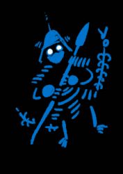 Rule 34 | 10s, 1boy, armor, black background, blue theme, enemy nagaeyari, helmet, kebiishi (touken ranbu), lowres, male focus, monochrome, polearm, skeleton, solo, spear, touken ranbu, weapon, white eyes, yanyo (ogino atsuki)