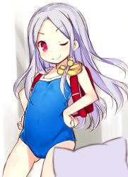 Rule 34 | 1girl, backpack, bag, blush, bow, closed mouth, competition school swimsuit, flat chest, floating hair, forehead, hair bow, hands on own hips, kurasuke, long hair, looking at another, one-piece swimsuit, one eye closed, original, petite, purple eyes, purple hair, randoseru, school swimsuit, sidelocks, smile, solo, swimsuit, thighs, v-shaped eyebrows, yellow bow