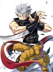 Rule 34 | 1boy, arm blade, bare shoulders, belt, blade, buckle, chipp zanuff, covered navel, earrings, fuji kei, guilty gear, guilty gear strive, hair over one eye, hand gesture, jewelry, leaf, male focus, muscular, red eyes, silver hair, simple background, solo, weapon, white background