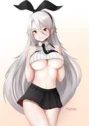 Rule 34 | 1girl, absurdres, arescr, artist name, azur lane, black necktie, black skirt, breasts, character name, commentary, cowboy shot, english commentary, gradient background, hair between eyes, hair ribbon, hands on own chest, highres, large breasts, long hair, looking at viewer, mole, mole under eye, navel, necktie, parted lips, pleated skirt, prinz heinrich (azur lane), red eyes, ribbon, skirt, smile, solo, underboob, white background, white hair