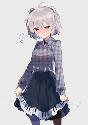 Rule 34 | ..., 1girl, ahoge, angel chromosome xx, black pantyhose, black skirt, blush, breasts, closed mouth, collared shirt, grey background, hair between eyes, ikeuchi tanuma, long sleeves, neon genesis evangelion, nose blush, pantyhose, piano print, plaid, plaid shirt, red eyes, shirt, silver hair, simple background, skirt, small breasts, solo, sparkle, spoken blush, spoken ellipsis, sweat, tabris-xx, two side up, unmoving pattern, v-shaped eyebrows, wavy mouth