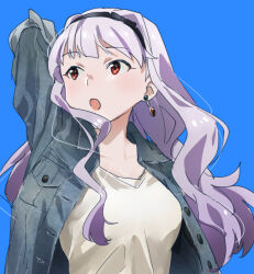 Rule 34 | 1girl, arm behind head, black hairband, blue background, blue jacket, blush, breasts, cleavage, collarbone, earrings, grey hair, hairband, idolmaster, idolmaster (classic), idolmaster million live!, idolmaster million live! theater days, jacket, jewelry, large breasts, long hair, long sleeves, looking at another, open clothes, open jacket, open mouth, purple eyes, shijou takane, shirop imas, shirt, simple background, solo, upper body, white shirt