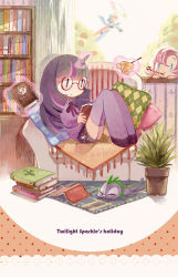 Rule 34 | 3girls, argyle, bespectacled, bookshelf, border, doily, dragon, floating, floating object, glasses, horns, lace, lace border, long hair, multicolored hair, multiple girls, my little pony, my little pony: friendship is magic, ornate border, personification, pillow, pinkie pie, plant, polka dot, polka dot background, purple legwear, rainbow dash, reading, single horn, sleeping, spike (my little pony), thighhighs, twilight sparkle, two-tone hair, ushi (newrein), | |