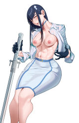 Rule 34 | 1girl, abs, absurdres, black gloves, black hair, blue eyes, breasts, cloudy rain4, gloves, highres, holding, holding sword, holding weapon, jacket, kill la kill, kiryuuin satsuki, medium breasts, nipples, open clothes, skirt, solo, sword, weapon, white background, white jacket, white skirt