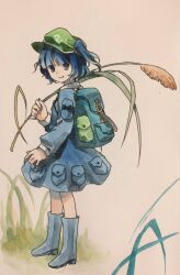 Rule 34 | 1girl, backpack, bag, black bow, blue bag, blue eyes, blue footwear, blue hair, blue jacket, blue sky, boots, bow, cattail, closed mouth, commentary request, green hat, hair bobbles, hair ornament, hat, highres, holding, holding plant, jacket, kaigen 1025, kawashiro nitori, looking at viewer, painting (medium), plant, pocket, shirt, skirt pocket, sky, smile, solo, touhou, traditional media, twintails, watercolor (medium), white shirt