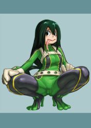 Rule 34 | 10s, 1girl, asui tsuyu, black eyes, bodysuit, boku no hero academia, breasts, gloves, green hair, long hair, long tongue, medium breasts, neone, simple background, solo, spread legs, squatting, tongue, tongue out