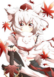 Rule 34 | &gt;:3, 1girl, :3, animal ears, autumn leaves, blush, bridal gauntlets, cowboy shot, detached sleeves, earrings, fang, hand on own hip, hat, holding, inubashiri momiji, jewelry, leaf, long sleeves, looking at viewer, maple leaf, pom pom (clothes), red eyes, short hair, single earring, smile, solo, sword, tail, tokin hat, touhou, ugume, upper body, v-shaped eyebrows, weapon, white hair, wide sleeves, wolf ears, wolf tail