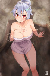 Rule 34 | 1girl, arm support, bathing, blurry, blush, breasts, cleavage, closed mouth, collarbone, commentary request, depth of field, fate/grand order, fate (series), hair between eyes, hair bun, hand on own chest, large breasts, murio, naked towel, onsen, partially submerged, red eyes, shiny skin, short hair, silver hair, single hair bun, smile, solo, steam, tomoe gozen (fate), towel, towel on head, wet