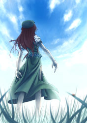 Rule 34 | 1girl, blurry, bug, day, depth of field, embodiment of scarlet devil, female focus, from behind, hat, hong meiling, insect, ladybug, lain, long hair, red hair, side slit, sky, solo, standing, touhou