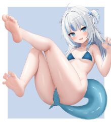 Rule 34 | 1girl, absurdres, ahoge, ass, barefoot, bikini, bikini top only, blue bikini, blue eyes, blue hair, blue nails, blunt bangs, border, breasts, censored, fins, fish tail, gawr gura, grey hair, gugu0v0, hair ornament, highres, hololive, hololive english, legs up, looking at viewer, looking to the side, multicolored hair, nail polish, shark girl, shark tail, sharp teeth, sidelocks, small breasts, smile, soles, solo, star (symbol), star hair ornament, streaked hair, swimsuit, tail, tail censor, teeth, toes, two side up, upper teeth only, virtual youtuber, white border