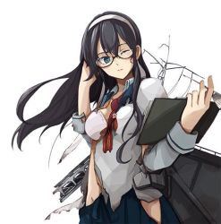 Rule 34 | 10s, 1girl, aqua eyes, blue skirt, bra, enu (roco roco44), glasses, hairband, hip vent, kantai collection, long hair, looking at viewer, looking to the side, one eye closed, ooyodo (kancolle), radio antenna, school uniform, serafuku, shirt, simple background, skirt, skirt set, solo, torn clothes, torn shirt, turret, underwear