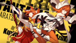 Rule 34 | 2girls, aiming, animal ears, armor, armpits, arrow (projectile), bare shoulders, belt, belt buckle, black gloves, boots, bow (weapon), buckle, closed mouth, cowboy shot, crossed arms, detached hood, detached sleeves, expressionless, fletches, fox ears, fox tail, garrison cap, gloves, hair between eyes, hakama, hakama short skirt, hakama skirt, hat, highres, holding, holding sword, holding weapon, hood, japanese armor, japanese clothes, kimono, kitsune, knee boots, long hair, long sleeves, looking at viewer, multiple girls, o-ring, open belt, open clothes, open vest, orange eyes, orange hair, orange legwear, original, outstretched arm, pantyhose, pixiv fantasia, pixiv fantasia t, pleated skirt, red eyes, red skirt, sash, skade, skirt, sleeveless, sleeveless kimono, smile, sword, tail, tassel, unsheathed, vest, weapon, white footwear, white vest, wide sleeves