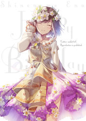 Rule 34 | 1girl, apron, arm at side, backlighting, braid, brown hair, character name, closed eyes, collarbone, contrapposto, cowboy shot, daffodil, dot nose, dress, facing viewer, floating hair, floral print, flower, frilled sleeves, frills, fujishino shikino, hand in own hair, hand up, happy, happy birthday, head wreath, leaf, light blush, long sleeves, mitasarenai pale color (project sekai), paintbrush, project sekai, puffy long sleeves, puffy sleeves, purple dress, shinonome ena, short hair, simple background, smile, solo, strap slip, swept bangs, twitter username, two-tone dress, white background, white dress, white flower, yellow apron