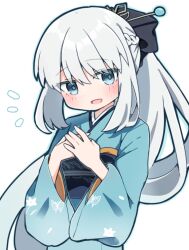Rule 34 | 1girl, averting eyes, black bow, blue eyes, blue kimono, blue outline, blush, bow, braid, facing viewer, fate/grand order, fate (series), grey hair, hair between eyes, hair bow, hair ornament, hairpin, hands up, japanese clothes, kimono, long hair, long sleeves, looking to the side, morgan le fay (fate), obi, obiage, obijime, official alternate costume, open mouth, outline, own hands together, ponytail, rabiiandrain, sash, simple background, smile, solo, two-sided sleeves, upper body, white background, wide sleeves