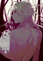 Rule 34 | + +, 1girl, animal, back, back focus, blonde hair, cat, chainsaw man, commentary, completely nude, cross-shaped pupils, from behind, highres, holding, holding animal, holding cat, kurokawa (kurokashi655), long hair, looking back, meowy (chainsaw man), nude, outdoors, power (chainsaw man), red eyes, solo, standing, symbol-only commentary, symbol-shaped pupils, upper body