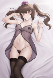 Rule 34 | 1girl, babydoll, bandaid, bandaids on nipples, black dress, black panties, black thighhighs, blush, breasts, brown hair, commentary, dress, feet out of frame, female pubic hair, hair between eyes, hat, himekaidou hatate, long hair, looking at viewer, lying, navel, ni (221), on back, on bed, open mouth, panties, pasties, pointy ears, pubic hair, pubic hair peek, see-through, small breasts, solo, thighhighs, tokin hat, touhou, twintails, underwear