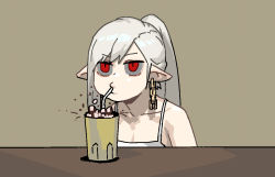 Rule 34 | 1girl, camisole, closed mouth, cup, drinking glass, earrings, gogalking, grey hair, jewelry, long hair, o3o, original, ponytail, red eyes, simple background, drinking, slit pupils, solo, vampire (gogalking), white camisole, yellow background