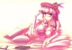 Rule 34 | 1girl, alternate headwear, arm support, bare shoulders, bed, belly chain, blunt bangs, blush, book, bow, bow panties, bracelet, breasts, bridal gauntlets, camisole, cleavage, elbow gloves, feathers, female focus, foreshortening, garter belt, gloves, hair ornament, hat, highres, hip focus, jewelry, lace-up, large breasts, legs, lingerie, looking at viewer, lying, navel, necklace, on side, panties, patchouli knowledge, pillow, pink hair, pink panties, pink thighhighs, purple eyes, solo, tdk, thighhighs, touhou, underwear, underwear only, wide hips