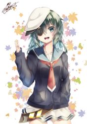 Rule 34 | 10s, 1girl, :d, bad id, bad pixiv id, belt, breasts, cardigan, collarbone, dated, eyepatch, green eyes, green hair, hand in pocket, hat, kantai collection, kiso (kancolle), leaf, looking at viewer, maple leaf, matching hair/eyes, neckerchief, open mouth, pleated skirt, sailor collar, sailor hat, school uniform, serafuku, short hair, signature, skirt, small breasts, smile, solo, yuihira asu