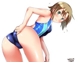 Rule 34 | 1girl, adjusting clothes, adjusting swimsuit, alternate costume, artist name, ass, bent over, blush, breasts, brown hair, cameltoe, closed mouth, commentary request, competition swimsuit, cowboy shot, flying sweatdrops, green eyes, hair between eyes, highleg, highleg swimsuit, highres, idolmaster, idolmaster cinderella girls, looking at viewer, looking back, medium breasts, one-piece swimsuit, short hair, simple background, skindentation, solo, standing, swimsuit, tada riina, thighs, tsuchimiya, wavy mouth, white background