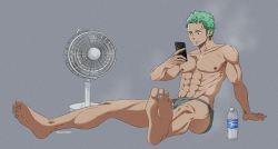 Rule 34 | 1boy, abs, bottle, briefs, bulge, electric fan, feet, full body, green hair, grey male underwear, highres, holding, holding phone, long sideburns, male focus, male underwear, muscular, muscular male, nipples, one piece, pectorals, phone, pinattsu, roronoa zoro, short hair, sideburns, sitting, solo, steam, stomach, sweat, topless male, underwear, underwear only, water bottle