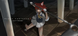 Rule 34 | 1girl, animal ears, bad id, bad pixiv id, blue eyes, highres, looking at viewer, pixiv fantasia, pixiv fantasia t, pleated skirt, polearm, red hair, ribbon, short hair, sidneysora, skirt, solo, weapon